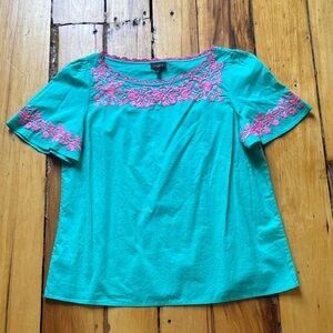 Talbot’s Teal and Pink Embroidered Women's Top